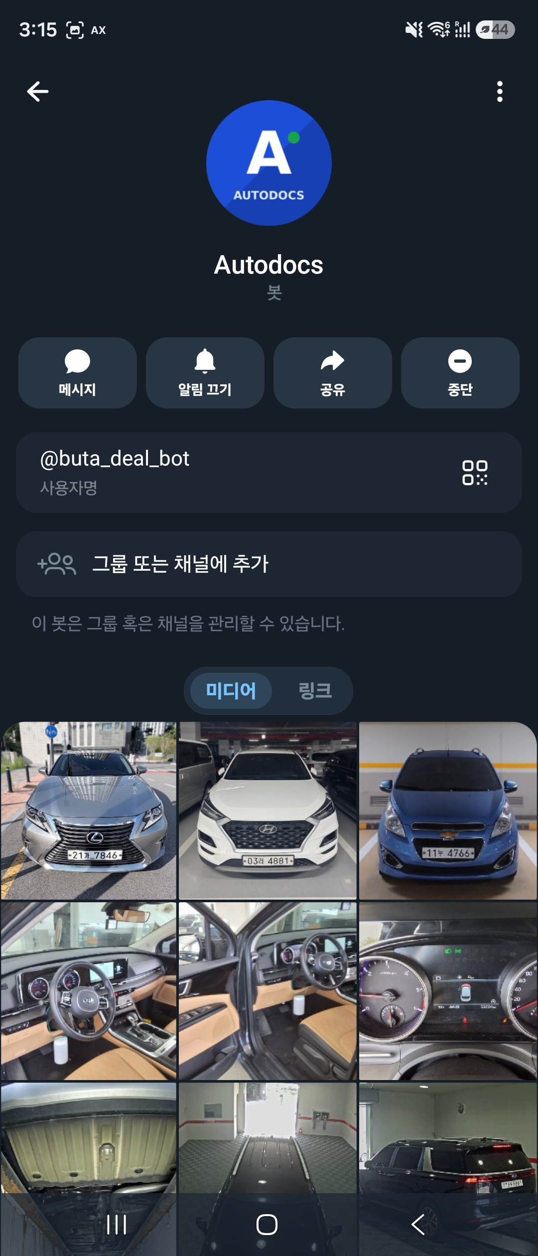 AutoDocs Telegram bot profile showing @buta_deal_bot and vehicle photographs